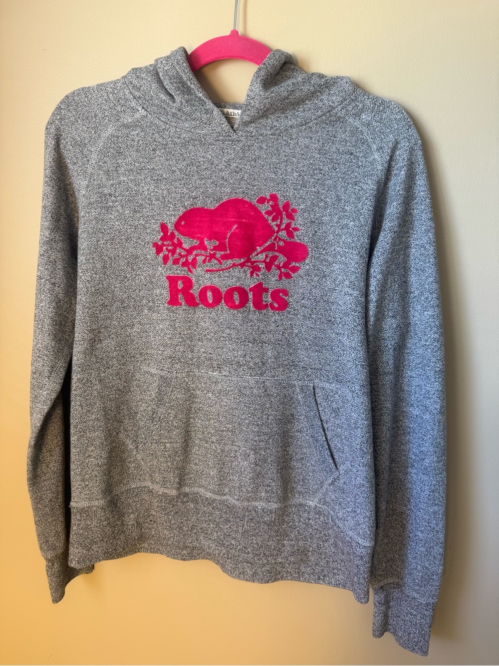 ROOTS Women's Grey Pink Beaver Velour Logo Pullover Hoodie Large L